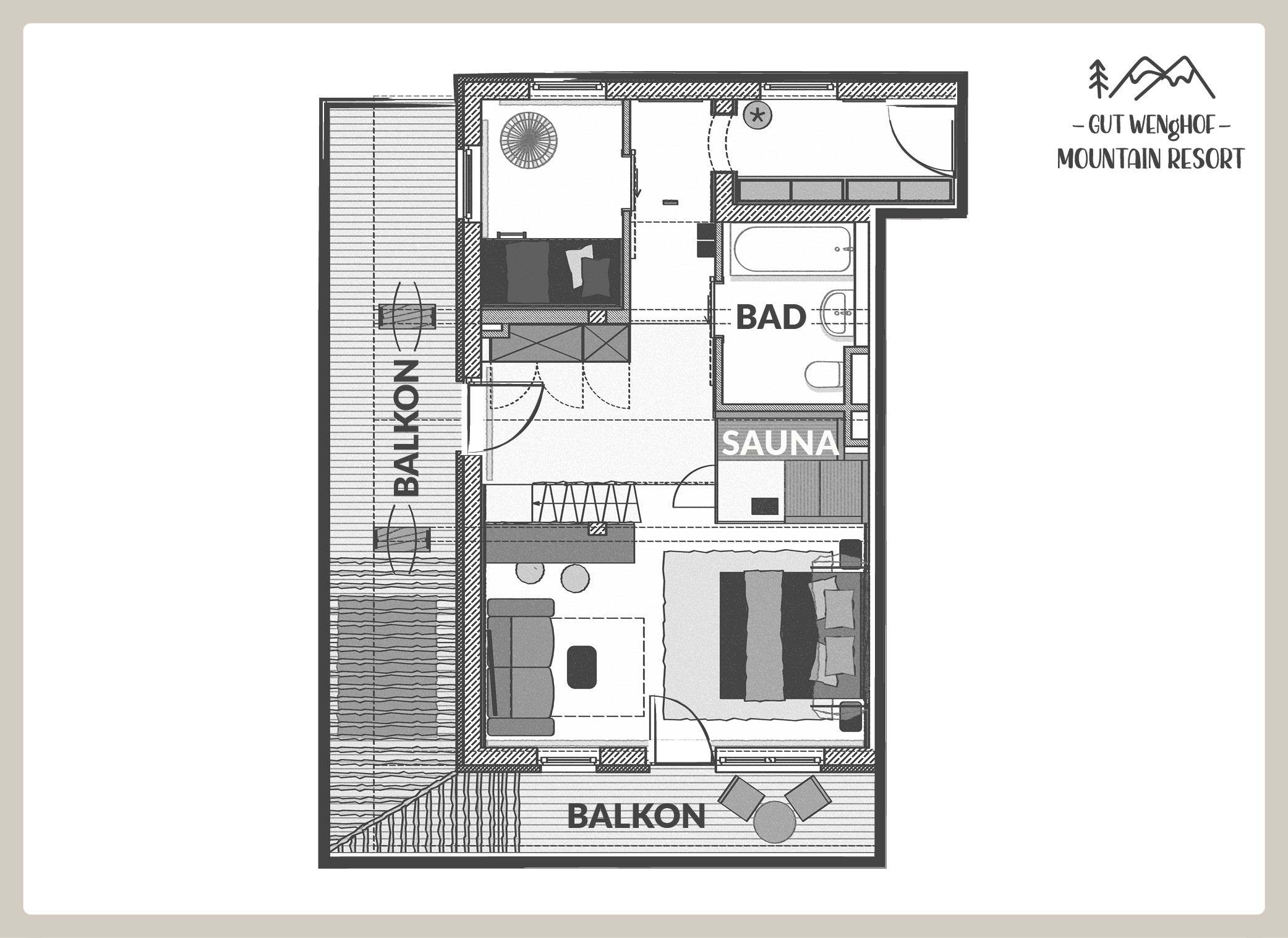 Grundriss Suite Alpine Circus im Gut Wenghof Mountain Resort mit Privatsauna, großer Dachterrasse, separatem Kinderzimmer und Zirkus Optik